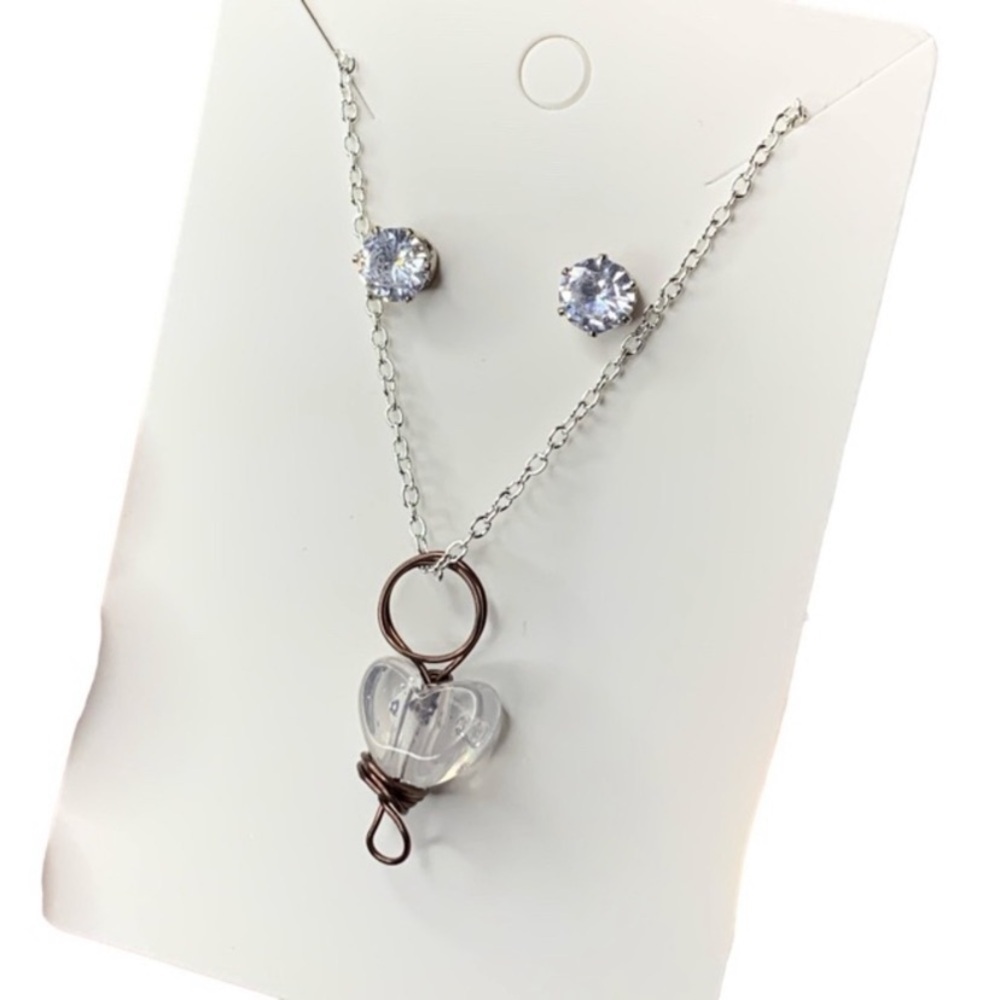 Clear heart necklace and earring set